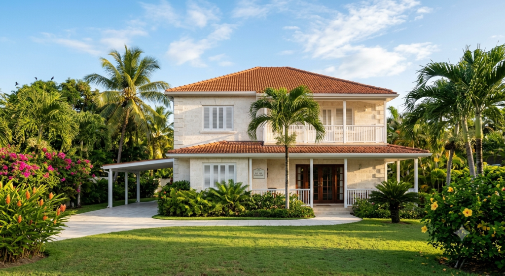 A high-angle aerial view capturing a luxury tropical beachfront villa with a pink exterior and terracotta roof, situated on a dramatic cliffside overlooking the clear turquoise Caribbean Sea. The property features a swimming pool, palm trees, and manicured gardens, with waves crashing onto a small, secluded sandy beach below and a scenic coastal town stretching along the coastline under a partly cloudy blue sky.
